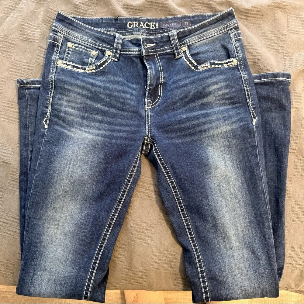 Grace Blue Boot Cut Jeans with Embroidery - Picture 2 of 7